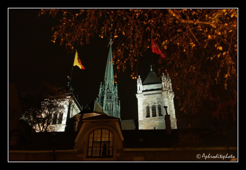 067 La cathédrale illuminée la nuit et vue de la place du Bourg de Four